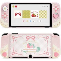 Geekshare Protective Case for Nintendo Switch OLED Console and JoyCon Cover with 2PCS Customized Thumb Grips Spring Strawberry