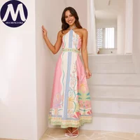 Elegant Sleeveless Halter Dress for Women Sexy Print Slim Fit Lace up Backless Beach Vacation Summer Fashionable