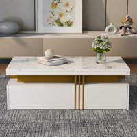 PINGGO Modern White Rectangular Coffee Table 100x50x40cm Marble Pattern Melamine Top 2 Wooden Drawers Living Room Table