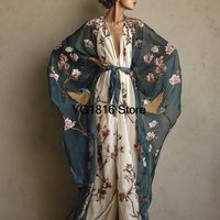 Y2K Womens Oriental Style Chiffon Kimono Robe, Lightweight Floral & Crane Print Long Cover Up Gown