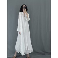 Elegant Long Sleeve Silk Linen Shirt Dress Women's Minimalist Style Loose Fit Sun Protection Cardigan A-Line Skirt Dress