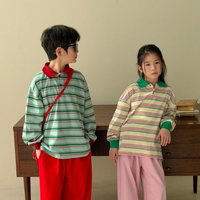 2026 Spring New Children Long Sleeve T Shirts Girls Casual Striped Bottoming Shirts Toddler Boys Cotton Lapel Tops Kids Clothes