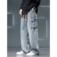 8XL Jeans New Wide Leg Washing Pants Men Trousers Neutral Solid Color Loose Casual Korean Fashion Pocket Plus Size Cargo Pant image 4