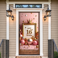 Sweet 16 Birthday Backdrop Door Cover Party Decoration Pink Gold Crown Balloon Photography Prop Banner Photo Booth Background
