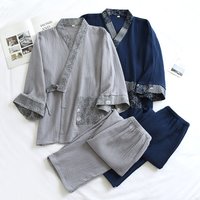Men Japanese Kimono Pajamas Set Cotton Robe Pants Kimono Haori Yukata Nightgown Sleepwear with Pocket Lace Up