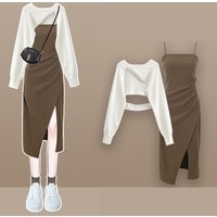 Women Spring New Vintage Short Knit Blouse+Split Sling Skirt 2-Piece Suit 2026 Korean Elegant Long Sleeve Top Dress Matching Set