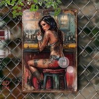 Tattooed Pinup Bar Girl Retro Tin Sign - Vintage Durable Metal Plaque Wall Decor, Home Office Bar Man Cave Wall Art