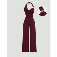 Women's Slim Fit Jumpsuit Backless Halter Casual Daily Commuting Outfit Fashionable Metal Decor