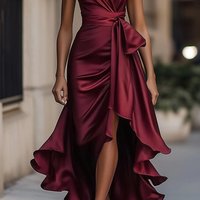 Wedding Guest Party Cocktail Dress Women Ruffle Satin High Low Prom Dress Sleeveless V Neck Halter Tie Waist Midi Dress