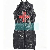 Black Nurse Style Dress with Front Zipper Red Cross Latex Uniform Women's Latex Rubber Tight Skirts Halloween Cosplay Costumes