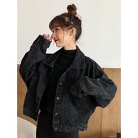 Black Denim Jacket Women's Short Style Retro Loose Fit Autumn Winter New Design Commute Style Button Closure Long Sleeve ...