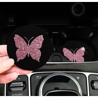 Two Cute Pink Butterflies Glitter Light Car Water Cup Pads for Women with Car Accessories