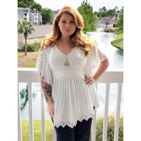 ROSEGAL Women's Plus Size Flower Lace T-Shirt Curve Flower Lace Insert Criss Cross Batwing Sleeve Handkerchief White Top