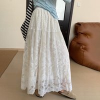 French Women's White Lace Maxi Skirt High Waist Elastic Waist Embroidery Bohemia Mesh Long Skirt 2026 Casual Beach A-line Skirts