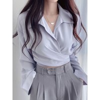 Spring Autumn Short Style Women's Shirt with Cross Tie Knot Long Sleeve Turn-down Collar French Style Slim Fit Top