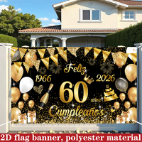 2D flat, 2D flag banner, 1 60th birthday Spanish party banner, Feliz Cumpleaños 1966 black gold glitter decoration, 70.87x43.31