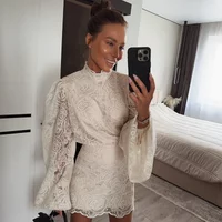 2025 New Women's Long Sleeve Design Fashion Openwork Lace Miniskirt Elegant Temperament Autumn Party Banquet Evening Dress