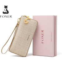 FOXER Women Split Leather Wallet Bifold Clutch Bag with Wristlet Fashion Card Holder Coin Purse Cellphone Bag Female Money Bag