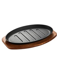 10 Inch Cast Iron Steak Plate Non-Stick Grill Pan For Fish Teppanyaki Home Barbecue With Wooden Tray Kitchen Accessories