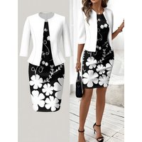 Printed Design Autumn and winter styles casual style White Floral Pattern On Black Background crew neck Dress suit