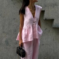 Commute Lady Sleeveless V Neck Vest Top Straight Pants Set 2 Piece Sets New Cotton Linen Suit Summer Single Button Loose Outfit