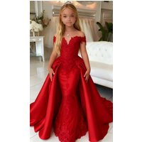 Customized Flower Girl Dress For Wedding Off Shoulder Mermaid Floor Lenght Kids Birthday Party First Communion Ball Gown