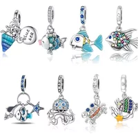 925 Sterling Silver Blue‑Yellow Fish Charms Beads Fit Original Bracelet Bag Keychain Charms Beads Pendant Diy Women Jewelry Gift