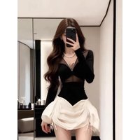 Sexy Spicy Girl Style Long Sleeve Mesh Splice V-neck Dress Women Winter Slimming High Waist A-line Puffy Short Skirt Dress