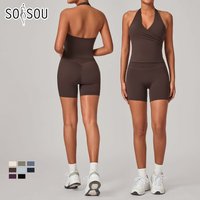 SOISOU Nylon Soft Woman Clothing 2 Pieces Yoga Set Halter Neck Bra Sport Shorts Women's Tracksuit Sportswear Tight Elastic