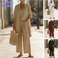 Casual Solid Cotton Linen Loose Vest Shirt Trouser 3pc Set Women Short Sleeve Cardigan Wide Leg Pants Suits Summer Lady Outfits