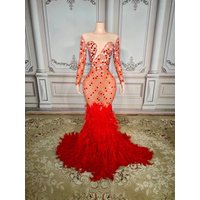 Red Color Feathers Ladies Long Sleeve Beading Trumpet Floor-Length Dress Bodycon Evening Party Dress Singer Show Stage Costume