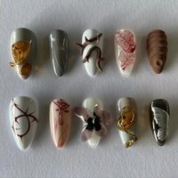 10Pcs Handmade Manicure Short Almond Fake Nails Summer New Cute Style Limited Nails Design with Adhesive Nail File Set
