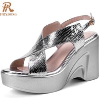PRXDONG Women's Shoes 2025 New Summer Fashion Wedges High Heels Platform Gold Silver Genuine Leather DRess Party Wedding Sandals