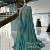 Exquisite Arabian Evening Dress with Cape فساتين سهرات Customized High Neck Long Sleeves Beading Sequined Prom Gown