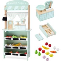 Mamabrum Holz-Laden- und Theater-Set 2 in 1 XXL, Obst und Gemüse zum Schneiden, Maßstab, Terminal für Kinder, Spielzeug ab 3 Jahren