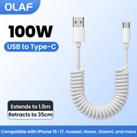 100W Car Spring Data Cable Braided USB C To Type C Fast Charging Cable for iphone 15 16 17 Huawei Honor Xiaomi USB Type C Cable