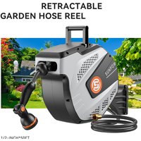 50ft 1/2-inch Heavy-duty Wall-mounted Retractable Garden Hose Reel - 3/4-inch Brass Fittings + 10 Sprayer Nozzles - Any-length Lock, Auto Rewind System, 180° Swivel Bracket - Grey