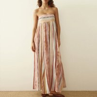 Summer Off Shoulder Big Hem Maxi Dress Elegant Sleeveless Loose Party Women's Dress Retros Tube Tops Stripe Contrast Color Dress