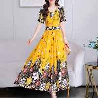 New 2024 Women summer Dress Floral Print short Sleeve A-line Vestidos Elegant Vintage V-Neck Plus size Beach style Dresses