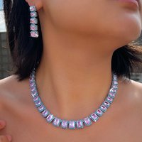 ThreeGraces Elegant Shiny Pink Rectangle Zirconia and Blue Synthetic Turquoise Bridal Wedding Party Jewelry Set for Women T1215