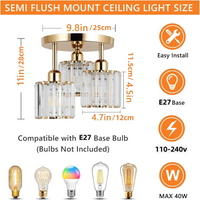 3-Light Modern Semi-Flush Mount Ceiling Light, Gold Crystal Glass Close To Ceiling Lighting Fixture For Kitchen Hallway Bedroom image 3