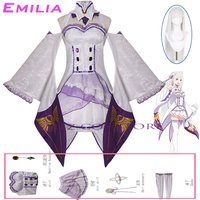 Emilia Cosplay Anime Re Zero Kara Hajimeru Isekai Seikatsu Costumes White Uniform Dress Wig Set Halloween Party Outfit for Woman