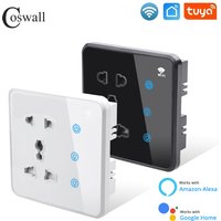 Coswall Glass Panel WIFI Tuya Universal Socket +2 Gang On/Off Touch Switch With One-Key Main Switch