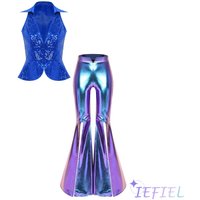 Women Disco Hip Hop Dance Clothing Set Sleeveless Lapel Sequin Vest Top with High Waist Split Bell Bottom Flared Pants Clubwear