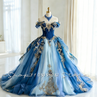 Victorian Blue Bridal Gown Off-the-shoulder Luxurious Gold Lace Embroidery Customized Fluffy Evening Gown Fairy Wedding Dresses