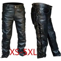 Men's Black Leather Side Laces Up Jeans Style Long Pant Motorcycle Leather Trousers Leather Motorcycle Pants