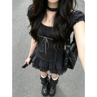 Korean Style Pure Desire Floral Lace Splice Short Sleeve Women's Summer 2026 New Plaid Cake Skirt Set Fashionable Ensemble