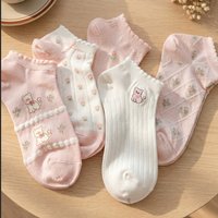 Dreamlikelin 5pairs Cute Cat Pattern Women Socks Thin Spring Summer Japanese Style Stylish Pink Ankle Socks