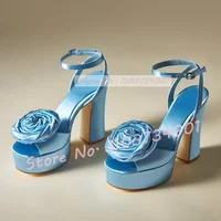 Classy Blue Rose Satin Platform Sandals Female Open Toe Ankle Strap Block High Heels Shoes Women Party Wedding Big Size Sandals