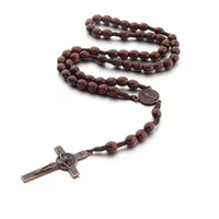 Handmade Weave Saint Benedict Medal Antique Wooden Rosary Cross Car Hanging Vintage Catholic Religious Jesus Ornament